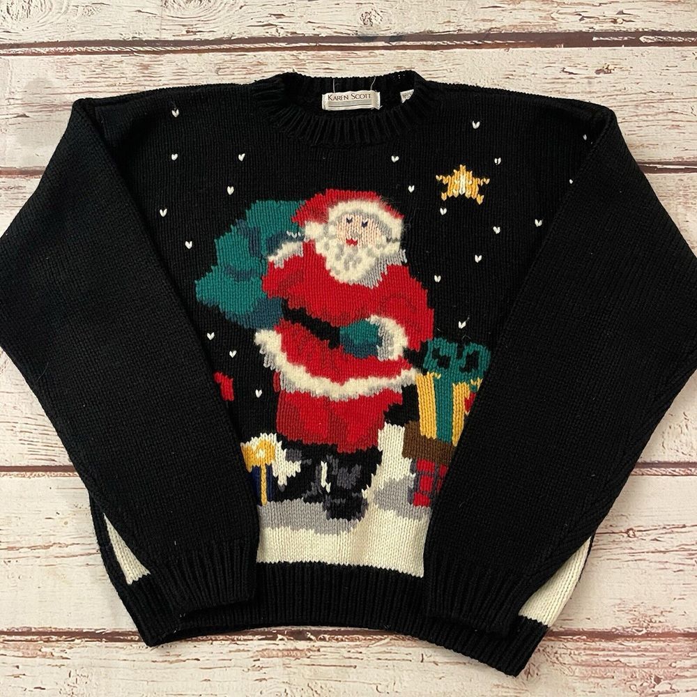 Karen Scott Christmas Sweater Size Medium Santa‎ Presents Women's Black